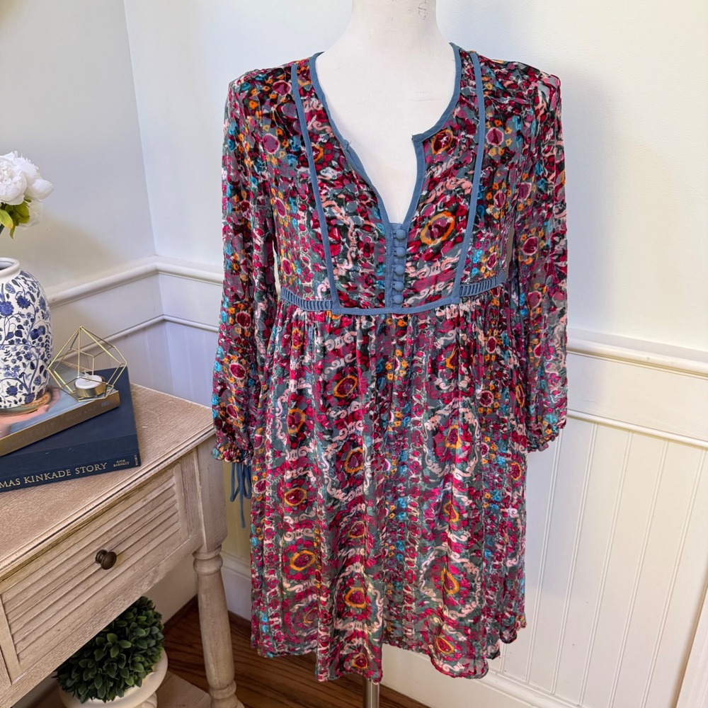 Floreat Anthropologie Silk Blend‎ Velvet Burnout Medallion Dress XSP Petite Boho